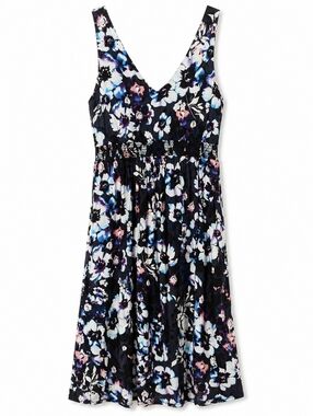 2/$35 Joe Fresh Floral Dress M Tall Dark Print V Neck Smocked Waist Sleeveless